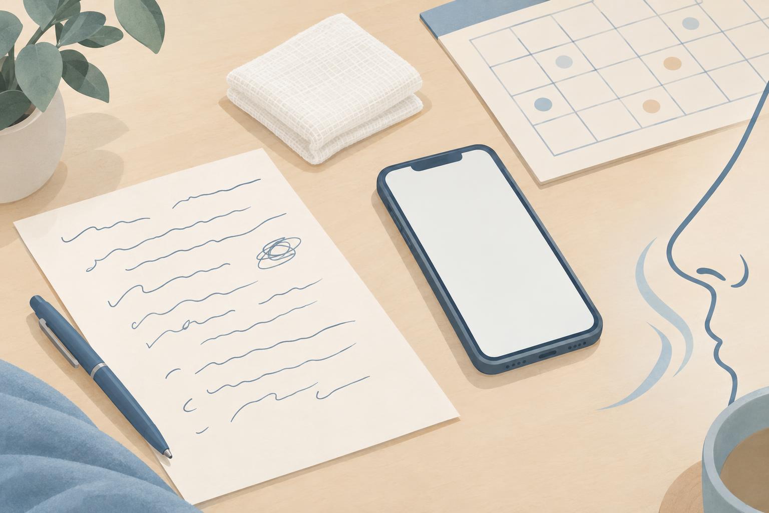 観察メモとスマートフォン、ガーゼ、カレンダーのような格子模様が並ぶ机に、鼻の横顔の線画が重なる概念イラスト