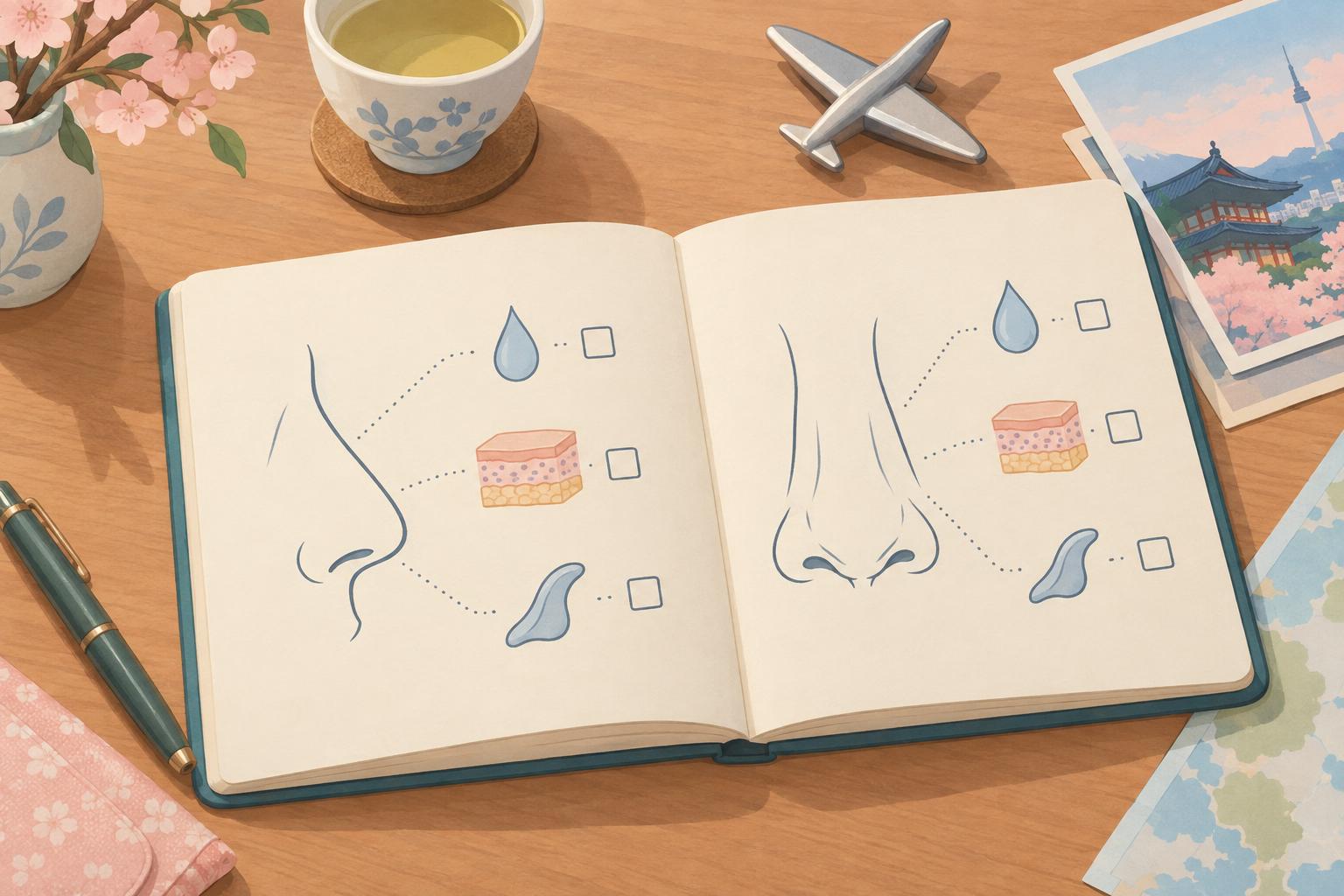 机の上に開いたノートがあり、線画で描いた鼻の横顔と正面の輪郭のまわりに、しずく・皮膚の層・軟骨の形をあらわす記号と空のチェック欄が点線でつながっているイラスト。そばには湯のみと飛行機の形をした文鎮が置かれている。