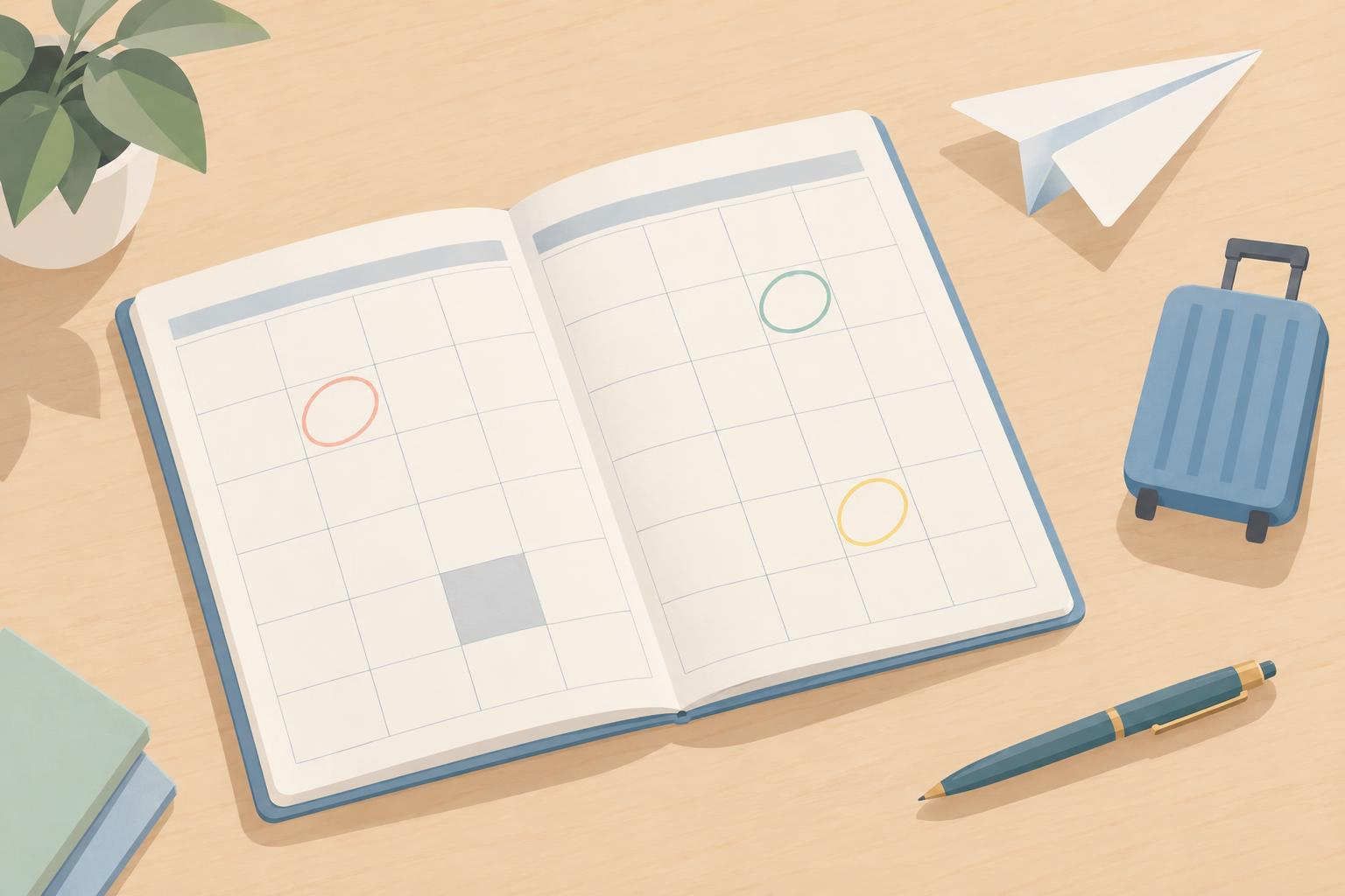 机の上に広げた月間カレンダーのイラスト。いくつかの日付がやわらかい色の丸で囲まれ、一つのマスが休みの日を示すように灰色で塗られている。そばには紙飛行機、小さなスーツケース、ペンが置かれている。