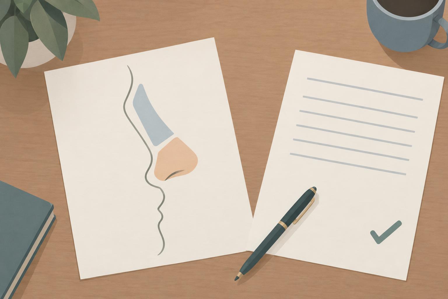 鼻の横顔を描いたスケッチで鼻筋と鼻先が別の色に分けられ、その隣に確認用の書類とペンが置かれた机のイラスト