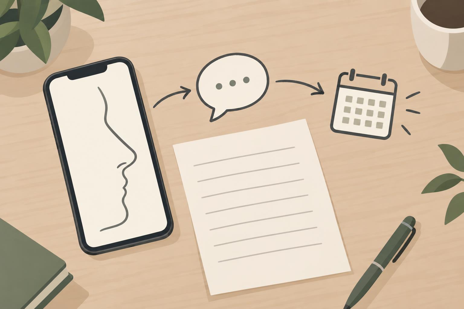 机の上に、鼻の横顔を線で描いたシルエットを表示したスマートフォンと、空欄のメモ用紙が置かれたイラスト。シルエットから矢印が吹き出しとカレンダーのアイコンへ伸びている。