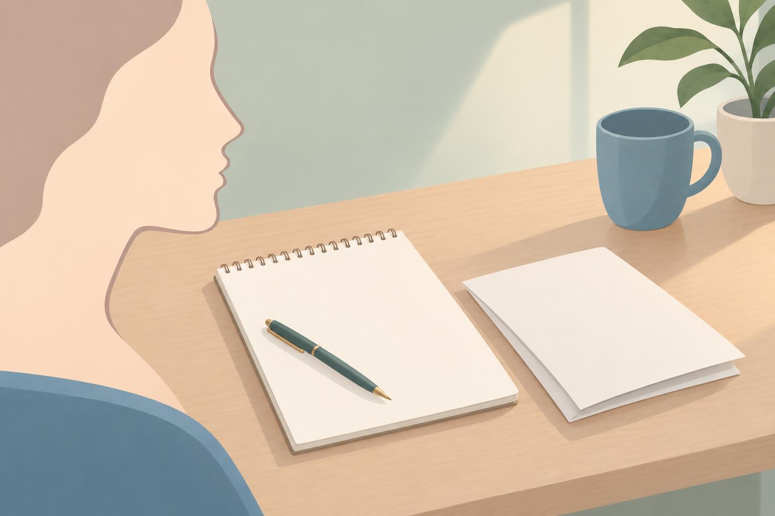 鼻のラインが顔全体の横顔になめらかになじむ様子を線で描いたイラストと、相談テーブルに置かれた白紙のメモ帳と書類