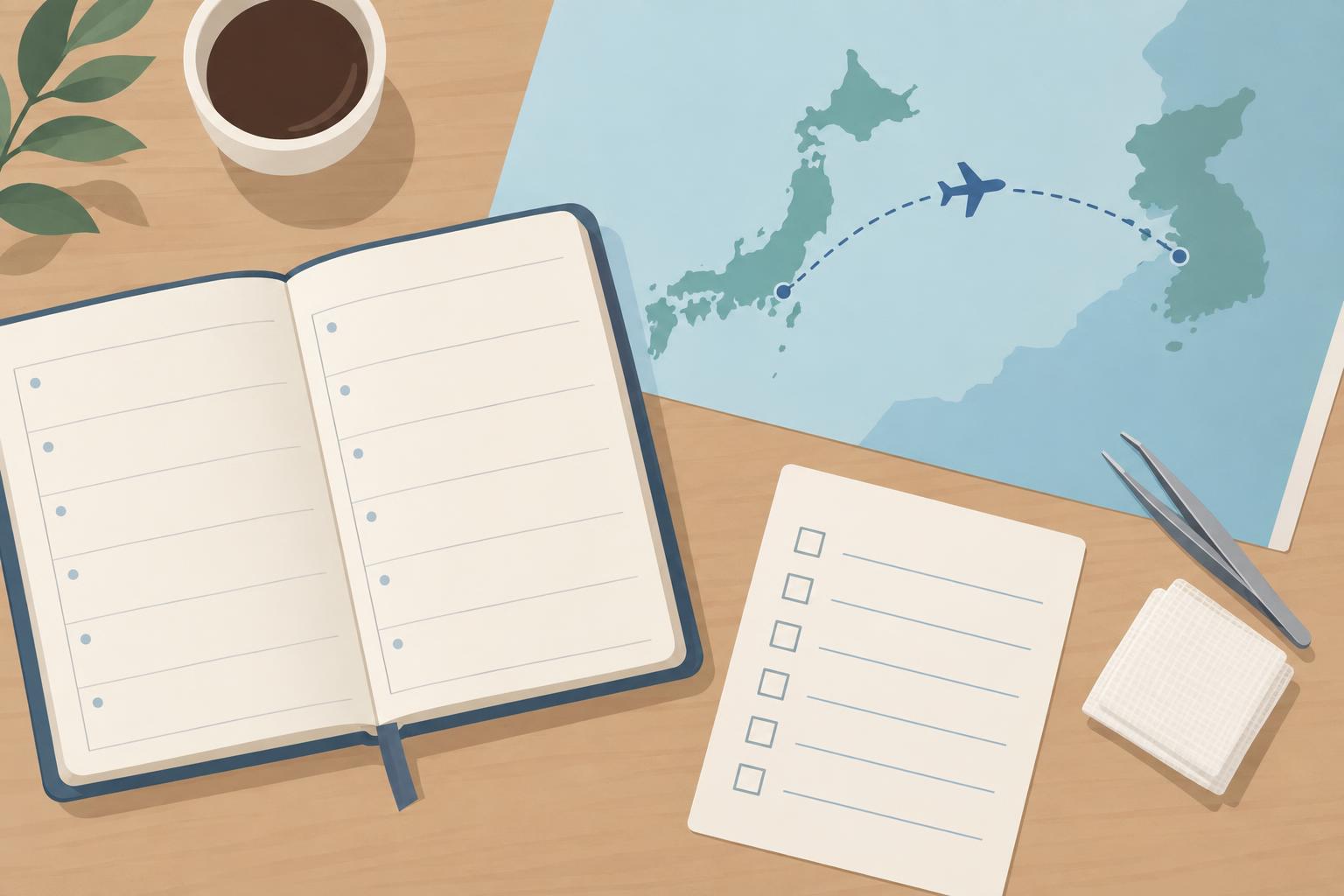 スケジュール帳、飛行機の小さなシルエット、日本と韓国を点線で結ぶ抽象的な地図、空白のチェックカード、ピンセットとガーゼのアイコンが机に並ぶ概念的なイラスト